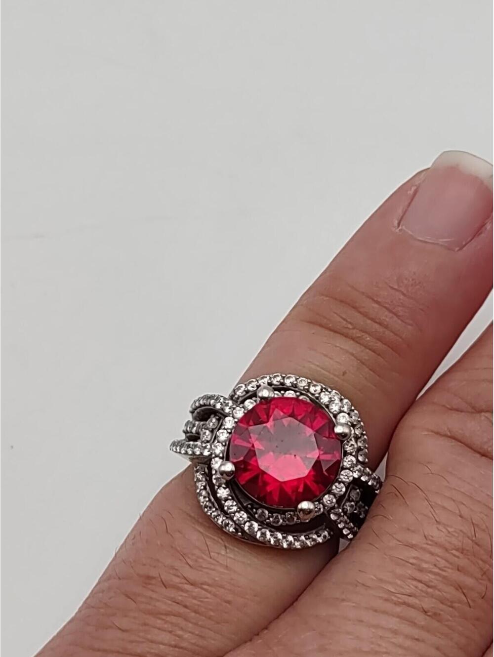 SJD 925 Ruby CZ Halo Ring Sterling Silver Sz 4.75